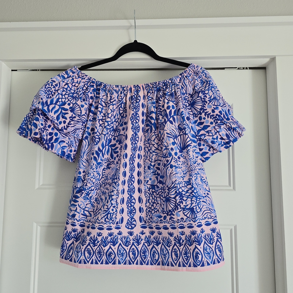 Lilly Pulitzer Blue and Pink Off-Shoulder Blouse